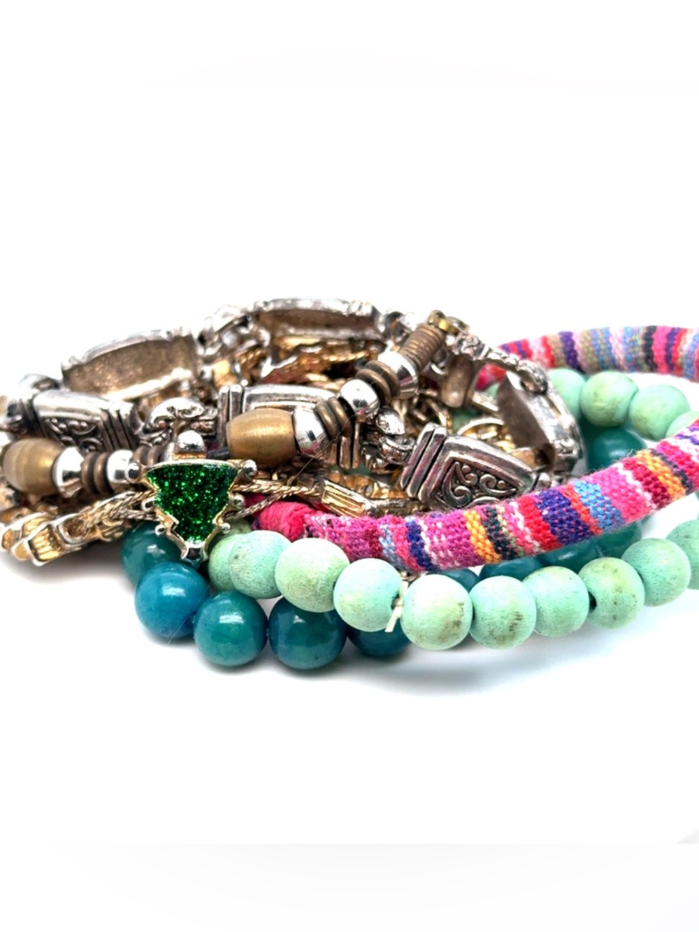 Boho Multi-Strand Turquoise & Green Beaded Bracelet Stack (E5)
